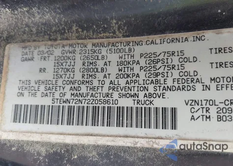 2002 Toyota Tacoma Base V6 из США, поврежденный, VIN 5TEWN72N72Z058610